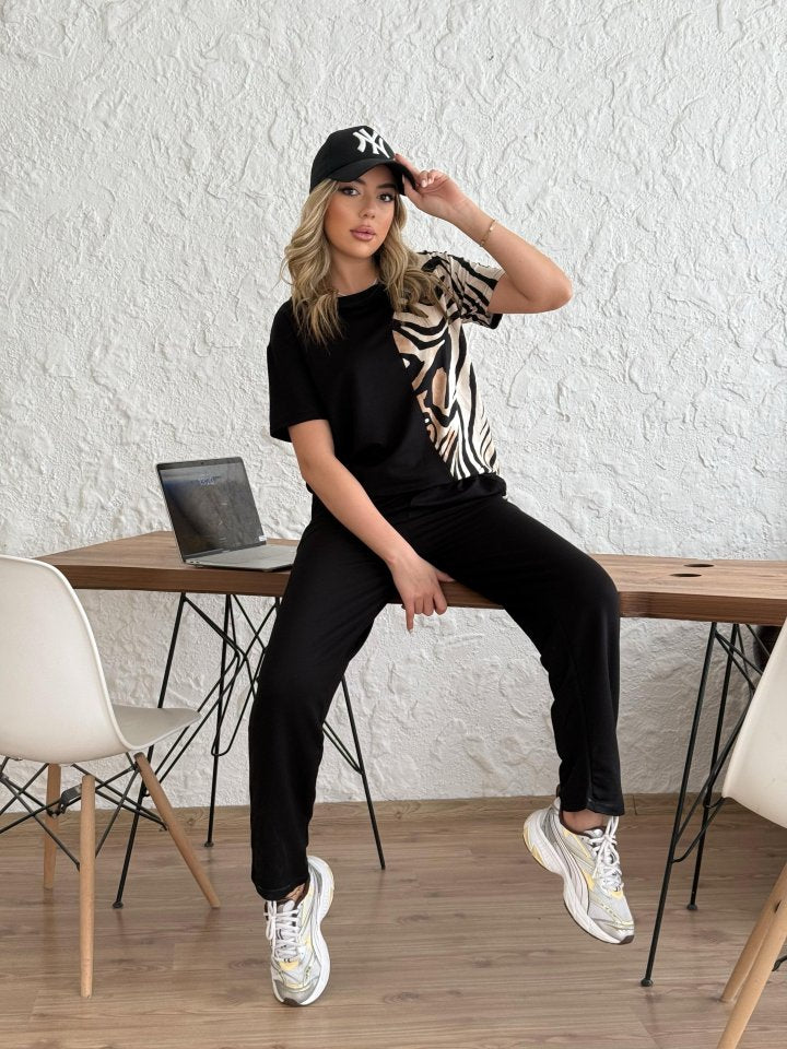 Kadın Bisiklet Yaka Kısa Kol Leopar Desen Bluz Ve Pantolon Ikili Takım