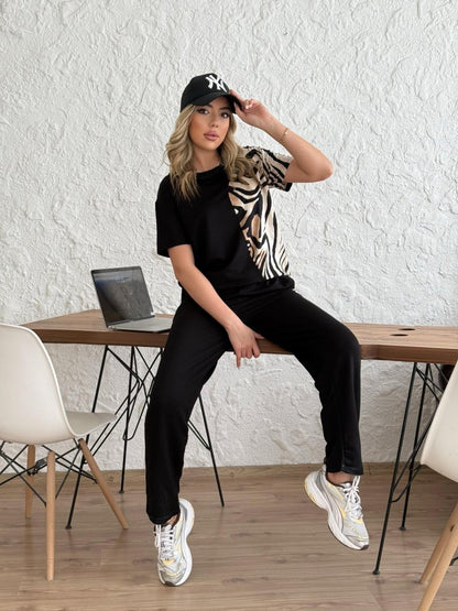 Kadın Bisiklet Yaka Kısa Kol Leopar Desen Bluz Ve Pantolon Ikili Takım