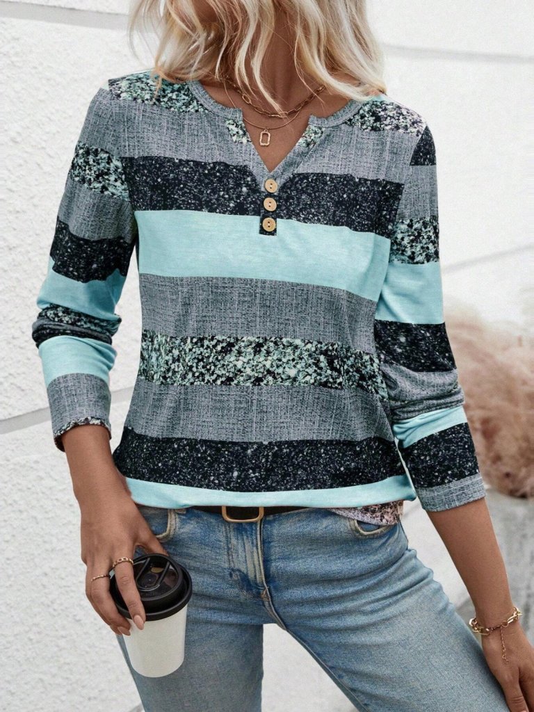 Kadın Uzun Kollu Yakadan Düğmeli çizgili Desenli Süprem Bluz