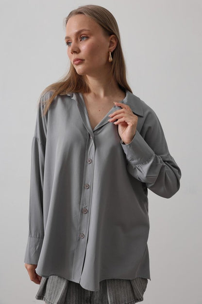 Geniş Manşet Detaylı Gömlek - Gri