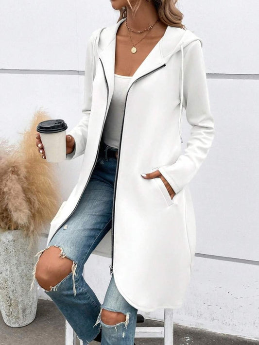 Kadın Uzun Kollu Kapşonlu önden Fermuarlı Midi Dalgıç Ceket