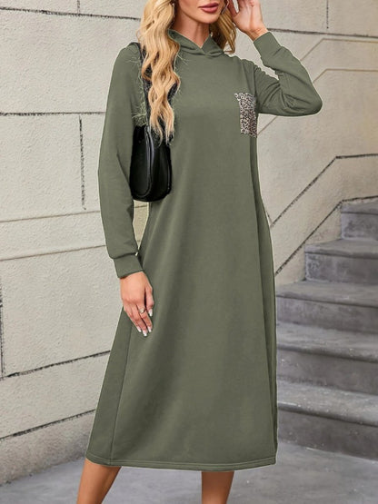 Kadın Uzun Kollu Kapşonlu Cep Detaylı Viskon Iki Iplik Maxi Elbise