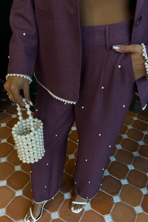 İnci Detaylı Ceket Pantolon Keten Takım 10124