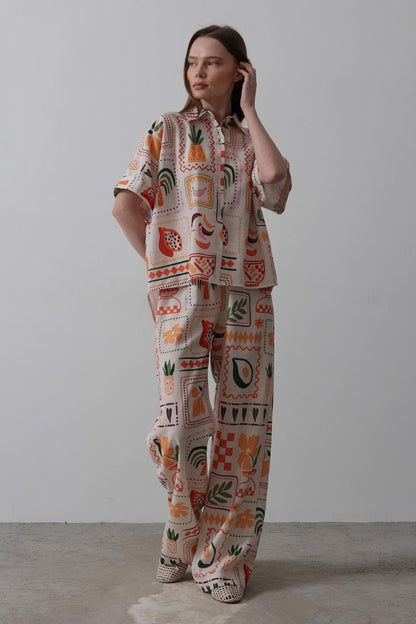Baskılı Kısa Kol Pantolon Takım - Taş-Oranj