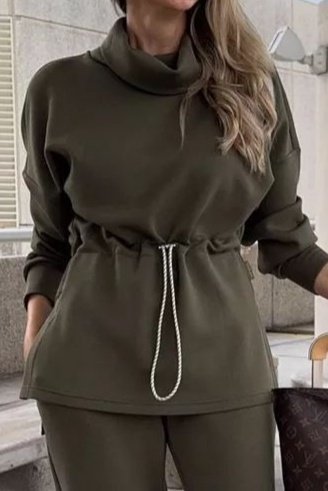 Kadın Uzun Kollu Balıkçı Yaka Belden Lastikli Modal Bluz Ve Pantolon Ikili Takım