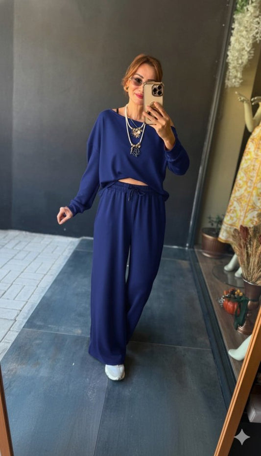 Kadın Uzun Kollu Tek Omuzdan Açık Viskon Iki Iplik Bluz Ve Pantolon Ikili Takım