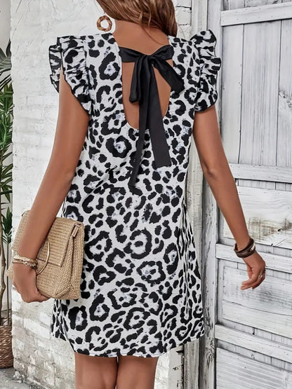 Kadın Kısa Kollu Kolları Fırfır Detay Arkası Bağlamalı Leopar Desen Kolsuz Mini Mikro Elbise