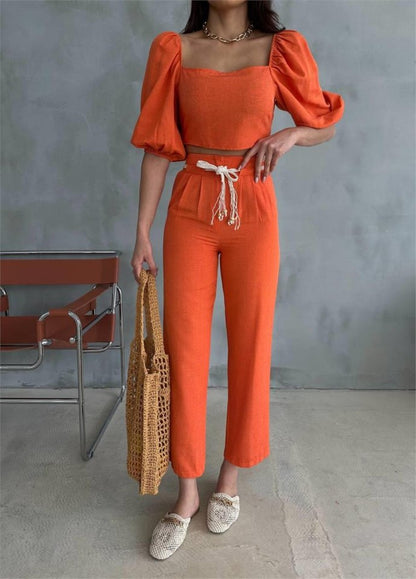 KETEN CROP KARPUZ KOL BLUZ-PANTOLON HASIR KEMERLİ - Orange