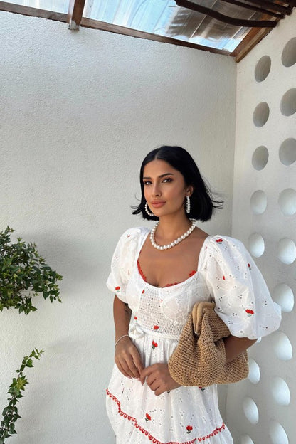 Nar Çiçeği Dantel Detaylı Brode Elbise