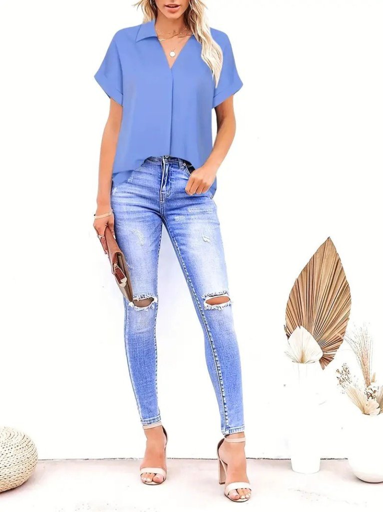 Kadın Kısa Kollu Yakalı Uzun Sandy Bluz