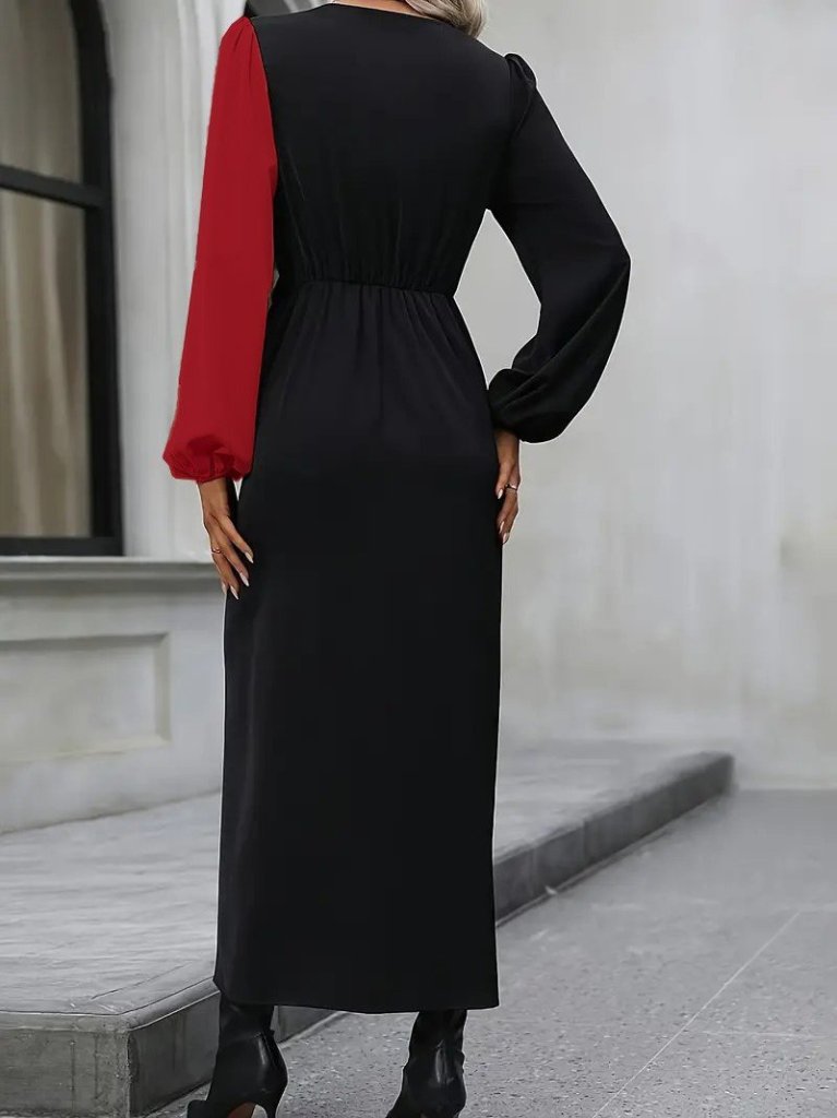 Kadın Uzun Kollu Kruvaze Yakalı Belden çapraz Detaylı çift Renkli Midi Ithal Krep Elbise