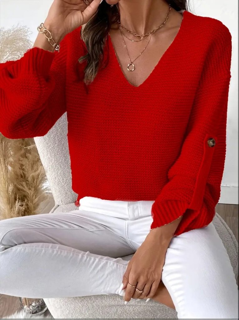 Kadın Uzun Kollu V Yakalı Düğmeli Triko Bluz