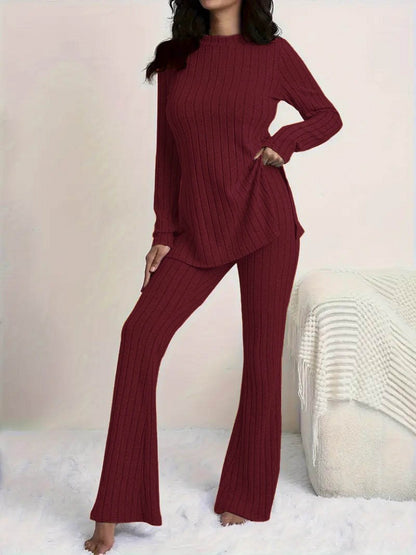 Kadın Uzun Kollu Yuvarlak Yaka Yandan Yırtmaç Detaylı şardonlu Kaşkorse Bluz Ve Pantolon Ikili Takım