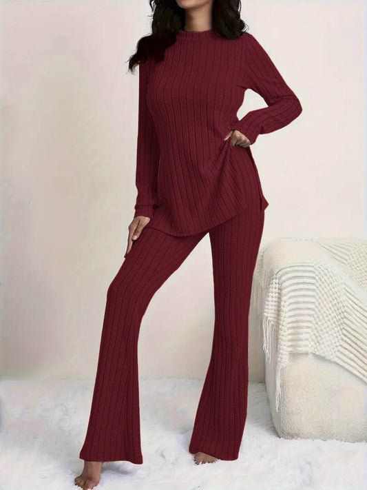 Kadın Uzun Kollu Yuvarlak Yaka Yandan Yırtmaç Detaylı şardonlu Kaşkorse Bluz Ve Pantolon Ikili Takım