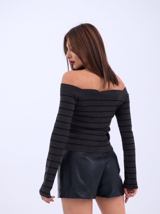 4206 TRİKO ÇİZGİLİ KAYIK YAKA CROP-ANTRASİT-SİYAH