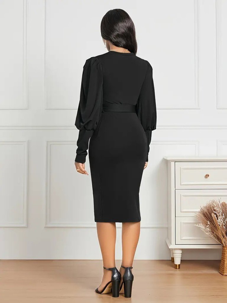 Kadın Uzun Kollu Bisiklet Yaka Beli Kuşaklı Ithal Krep Midi Elbise