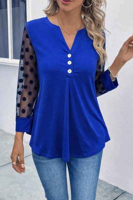 Kadın Uzun Kollu Yakadan Düğmeli Kolları Tül Detaylı Viskon Bluz