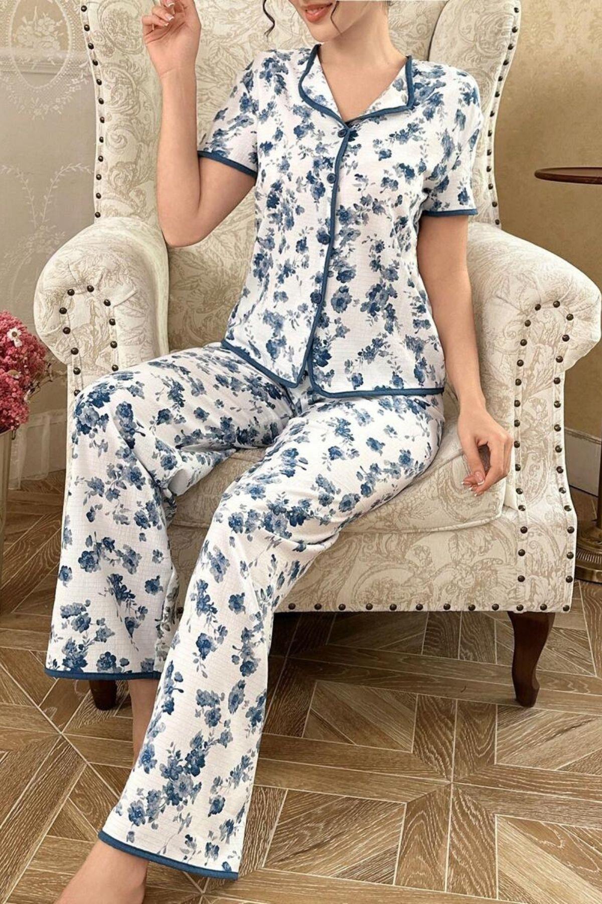Mavi Çiçekli Düğme Detaylı Yazlık Pijama Takımı 7347