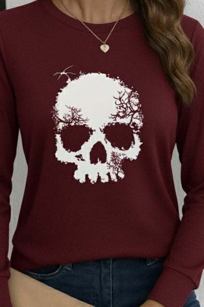 Kadın Uzun Kollu Bisiklet Yaka Kurukafa Desenli Viskon Bluz