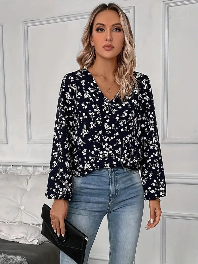 Kadın Uzun Kollu V Yakalı çiçek Desenli Modal Bluz