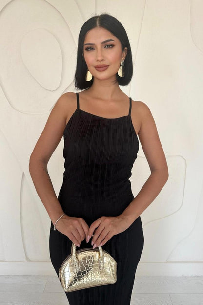 Siyah Piliseli Halter Boyun Elbise