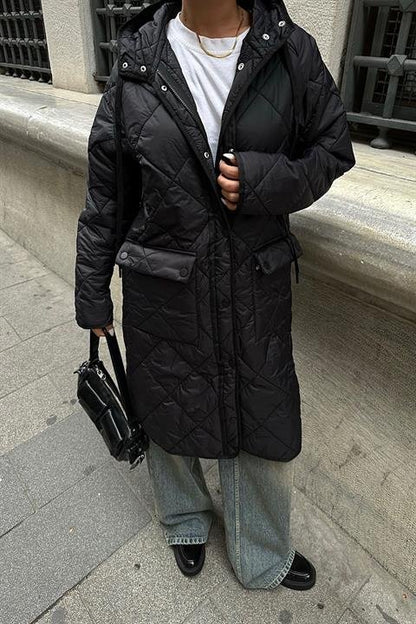 Fermuar Ve Kapşonlu Uzun Kapitone Mont 7062