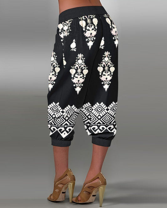 Kadın Beli Lastikli Etnik Desenli Kapri Süprem Pantolon