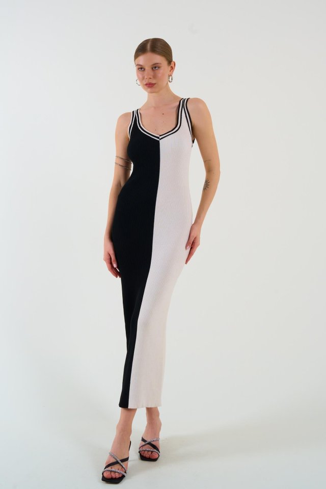 İki Renki Kolsuz Elbise - Siyah-Krem