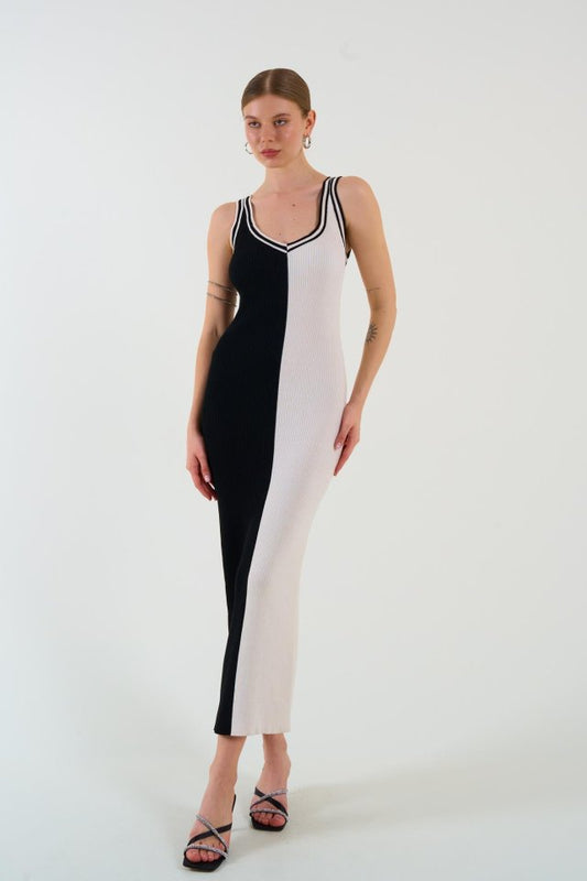 İki Renki Kolsuz Elbise - Siyah-Krem