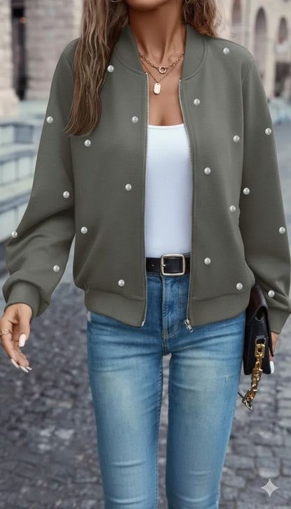 Kadın Uzun Kollu önden Fermuarlı Incili Kısa Modal Ceket