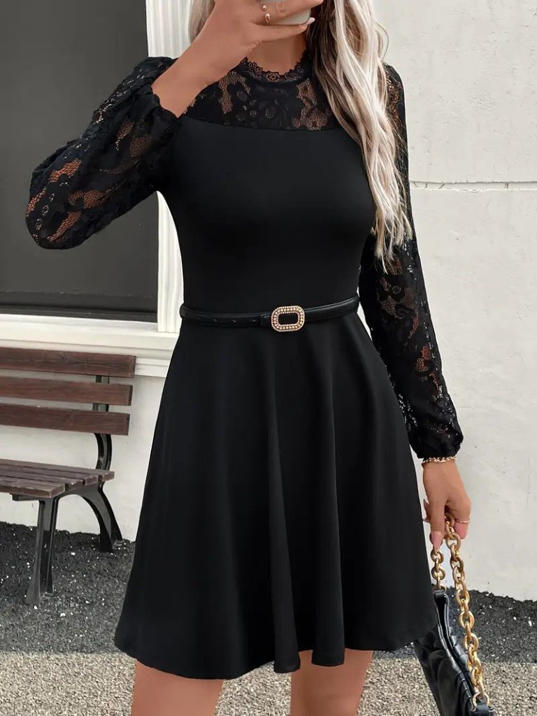 Kadın Uzun Kollu Dantelli Kloş Mini Ithal Krep Elbise