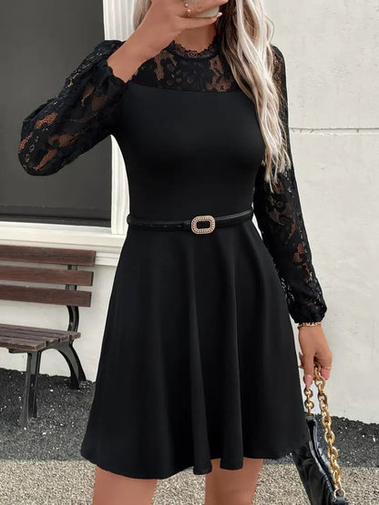 Kadın Uzun Kollu Dantelli Kloş Mini Ithal Krep Elbise