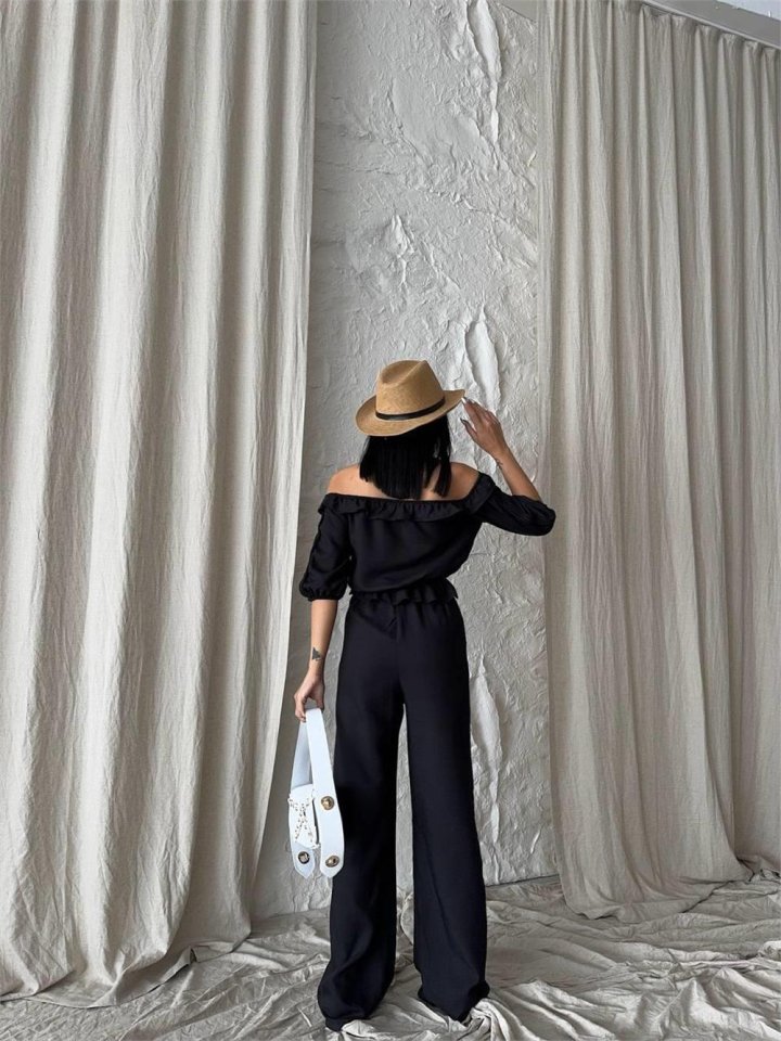 KETEN MADONNA YAKA KOL HASIR ŞERİT - PANTOLON TAKIM - Siyah