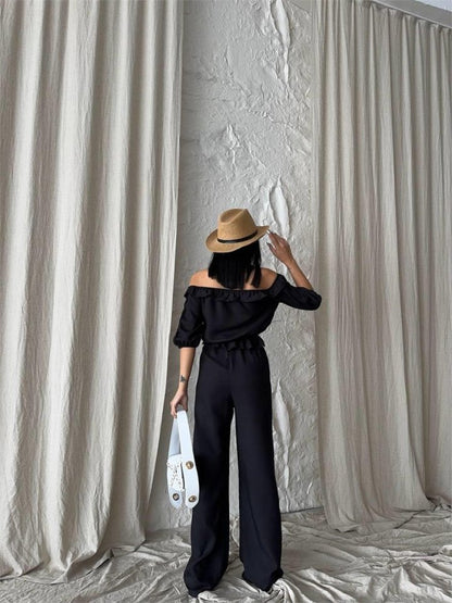 KETEN MADONNA YAKA KOL HASIR ŞERİT - PANTOLON TAKIM - Siyah