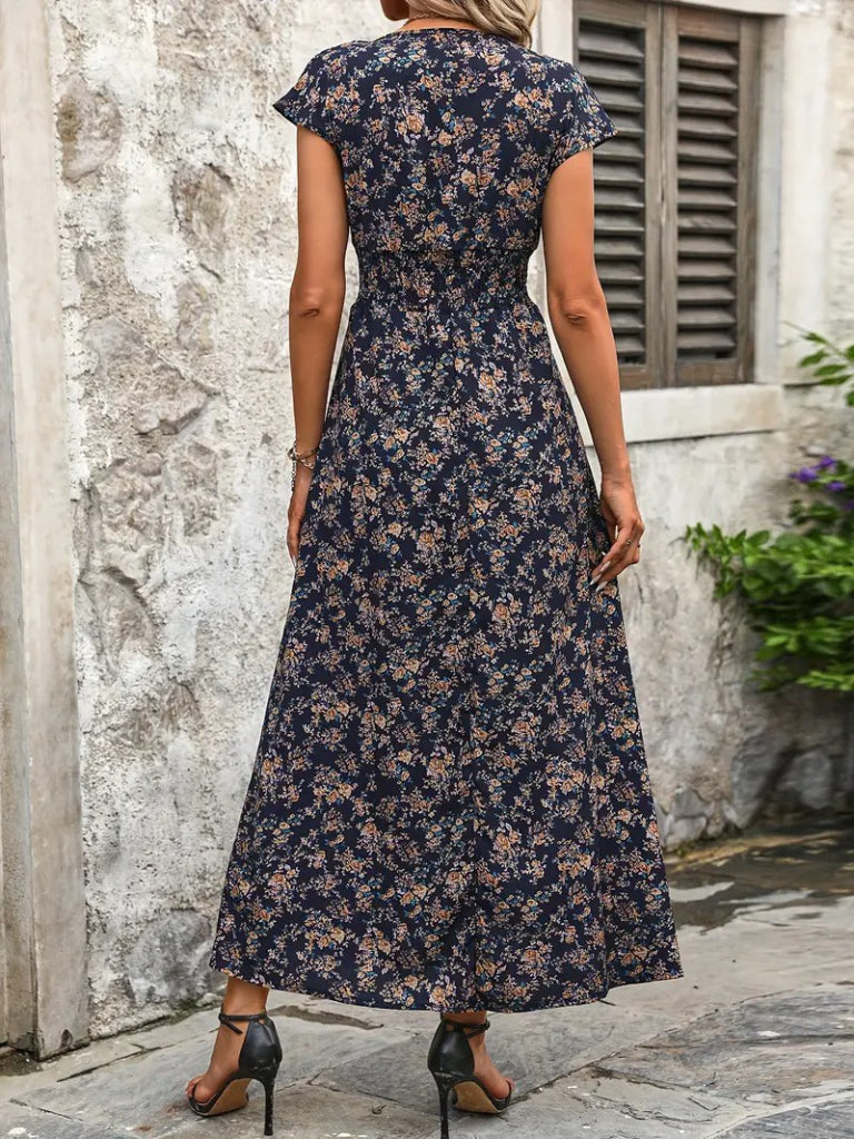 Kadın Kısa Kollu Kruvaze Yakalı çiçek Desenli Belden Lastikli Süprem Uzun Elbise