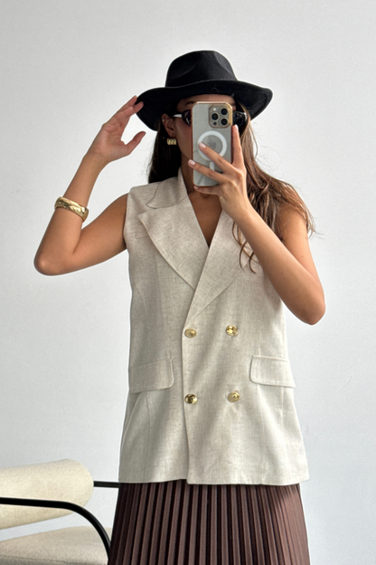 GOLD DÜĞMELİ KETEN YELEK - Ham