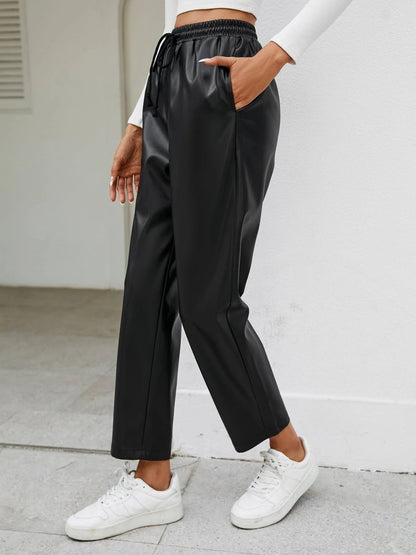 Kadın Yüksel Bel Bağcıklı Deri Pantolon