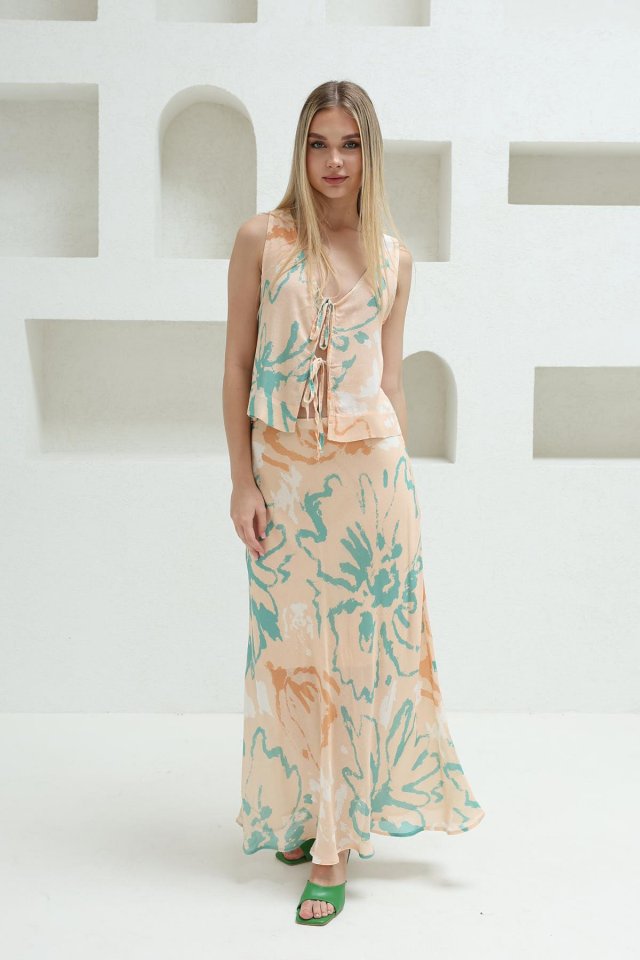 Bağcıklı Bluzlu Etek Takım - Pudra