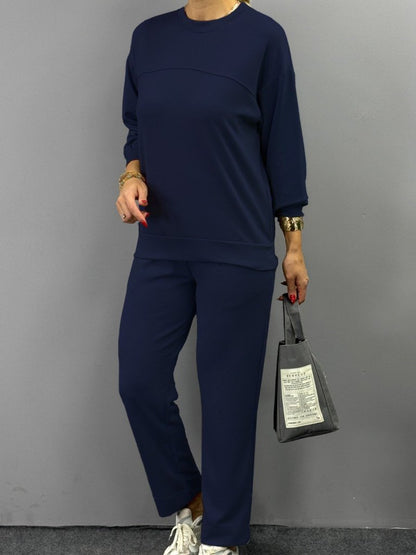 Kadın Uzun Kollu Bisiklet Yaka Viskon Iki Iplik Bluz Ve Pantolon Ikili Takım