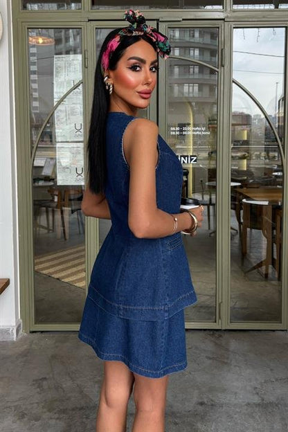 Kolsuz Yelekli Mini Etekli Denim Takım 10164