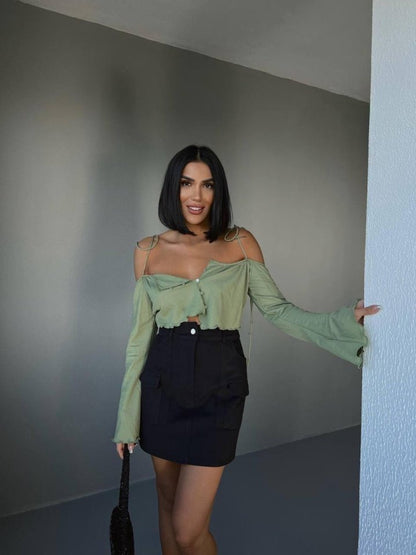 GABARDİN KISA ETEK CEP DETAYLI - Siyah