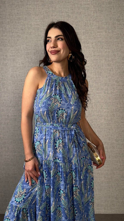 Kadın Omuzlardan Açık Boyundan Geçmeli Desenli Süprem Bluz