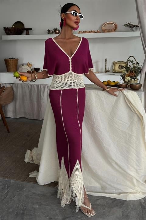 Dantel Desenli V Yaka Triko Elbise 2844