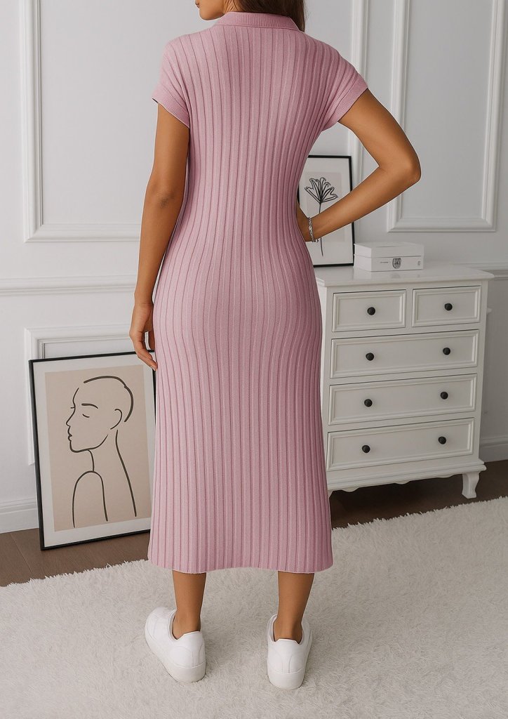 Kadın Kısa Kollu Yakalı Yandan Yırtmaçlı Kalın Fitilli Kaşkorse Elbise