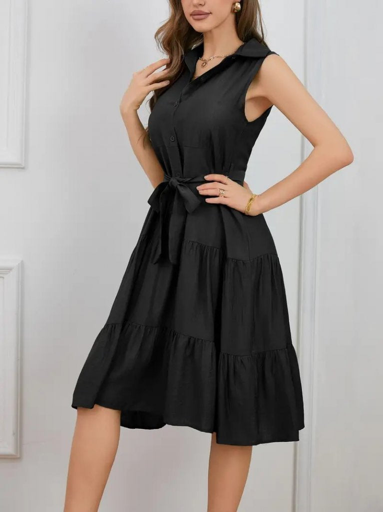 Kadın Kısa Kollu Gömlek Yaka Düğmeli Beli Kuşaklı Katlı Dokuma Midi Elbise