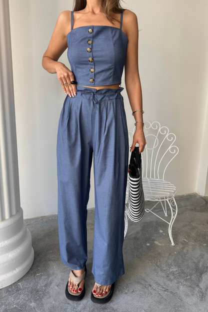 TENCEL CROP ASKILI BLUZ - ŞALVAR PANTOLON TK - İndigo