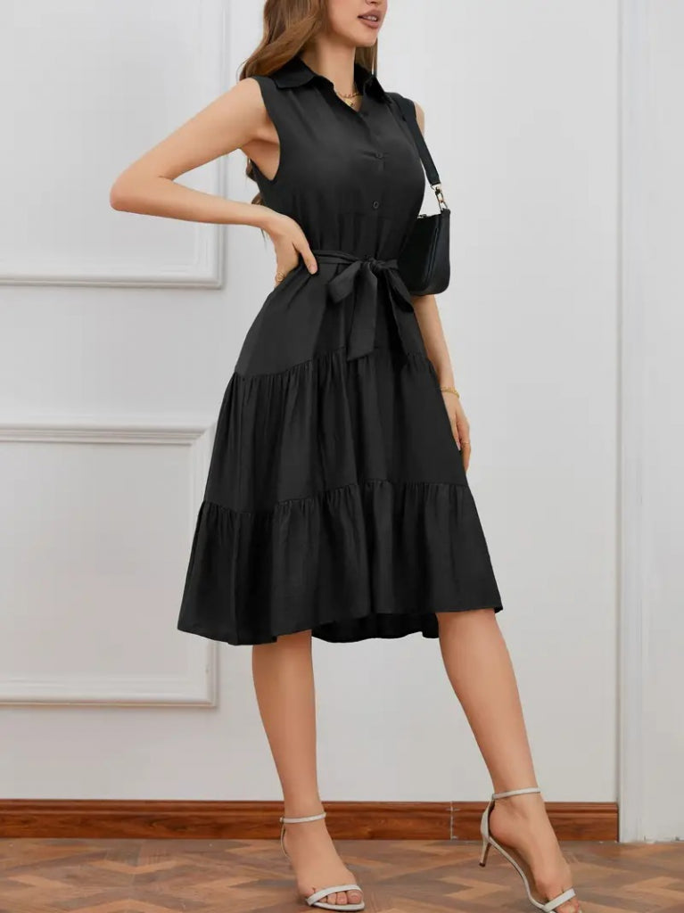 Kadın Kısa Kollu Gömlek Yaka Düğmeli Beli Kuşaklı Katlı Dokuma Midi Elbise