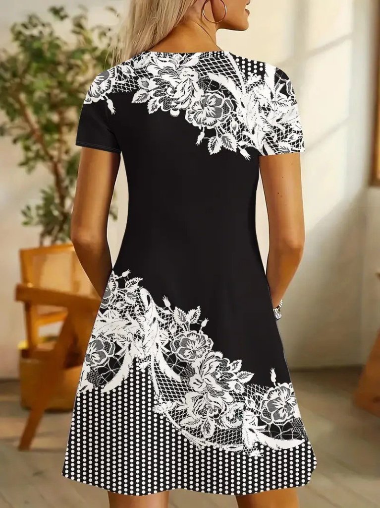 Kadın Kısa Kollu V Yakalı çiçek Baskılı Süprem Elbise