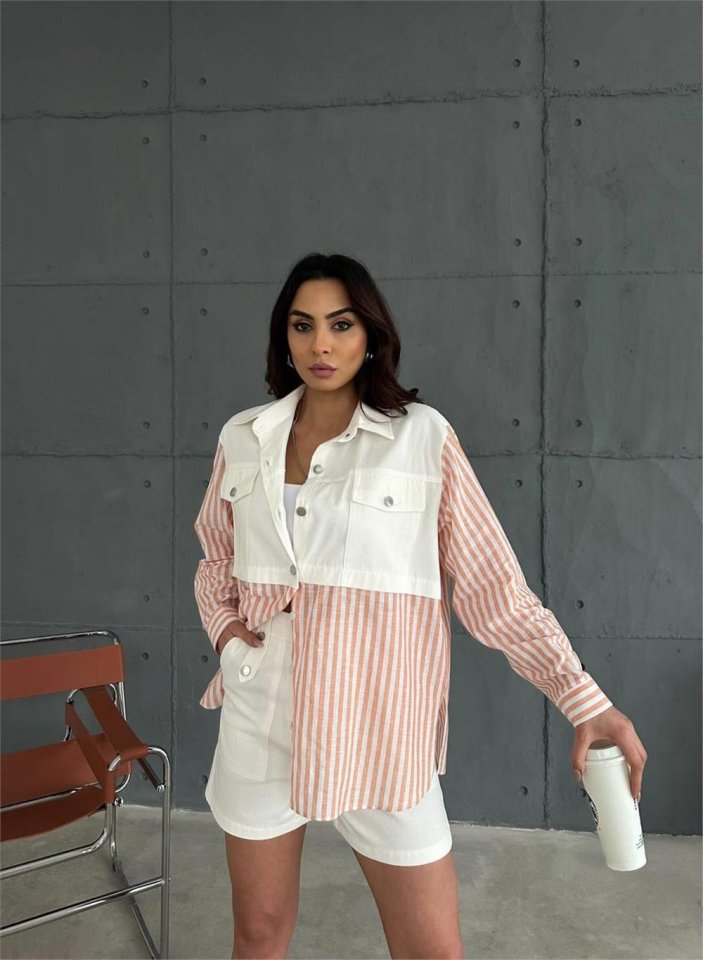 GABARDİN ŞORT - GABARDİN - ÇİZGİLİ KETEN GARNİLİ CEKET TAKIM - Orange