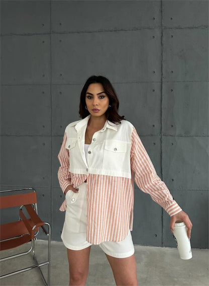 GABARDİN ŞORT - GABARDİN - ÇİZGİLİ KETEN GARNİLİ CEKET TAKIM - Orange